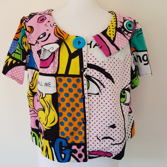 Unique Handmade Button Through Cartoon Short Crop Blouse Top Cosplay Relaxed Fit - Picture 2 of 12